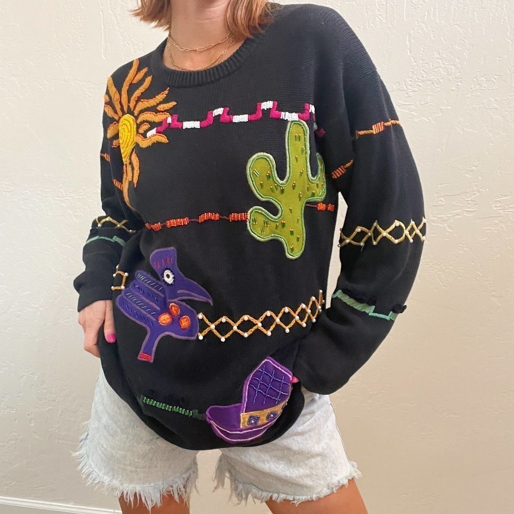 Vintage Black Crewneck Sweater with Colorful Desert Appliqués